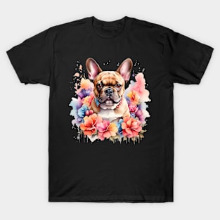 A french bulldog  decorated with beautiful watercolor flowers T-Shirt